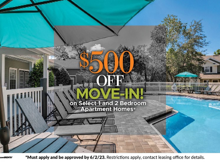 $500 off move in on select 1 and 2 bedroom apartment homes | must apply and be
